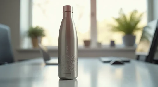 Gourde personnalisée en acier inoxydable avec design minimaliste exposée dans un contexte professionnel moderne
