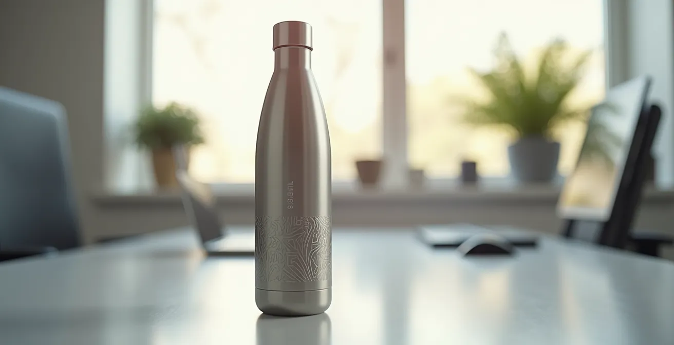 Gourde personnalisée en acier inoxydable avec design minimaliste exposée dans un contexte professionnel moderne