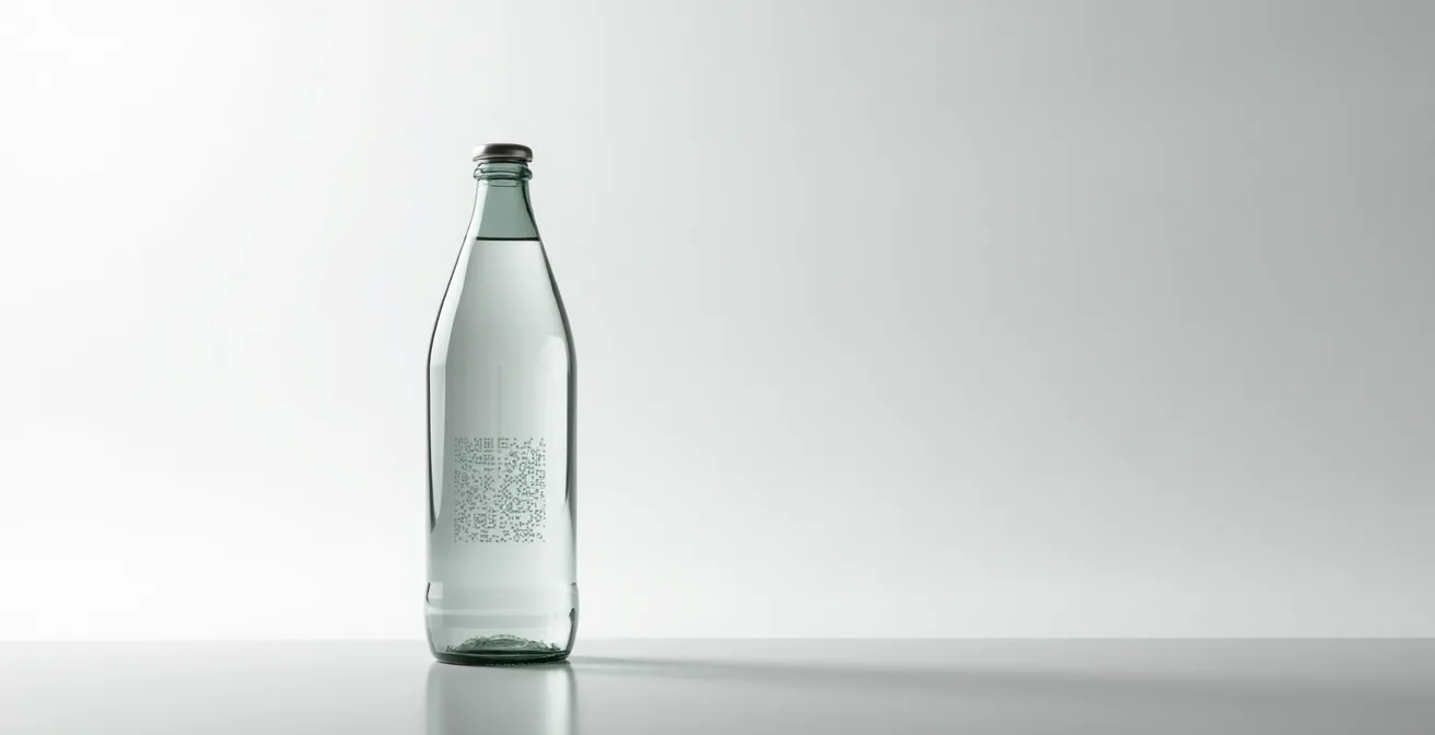 Gourde en verre avec motifs abstraits sophistiqués et QR code intégré en discrétion, symbole du mariage entre tangible et numérique