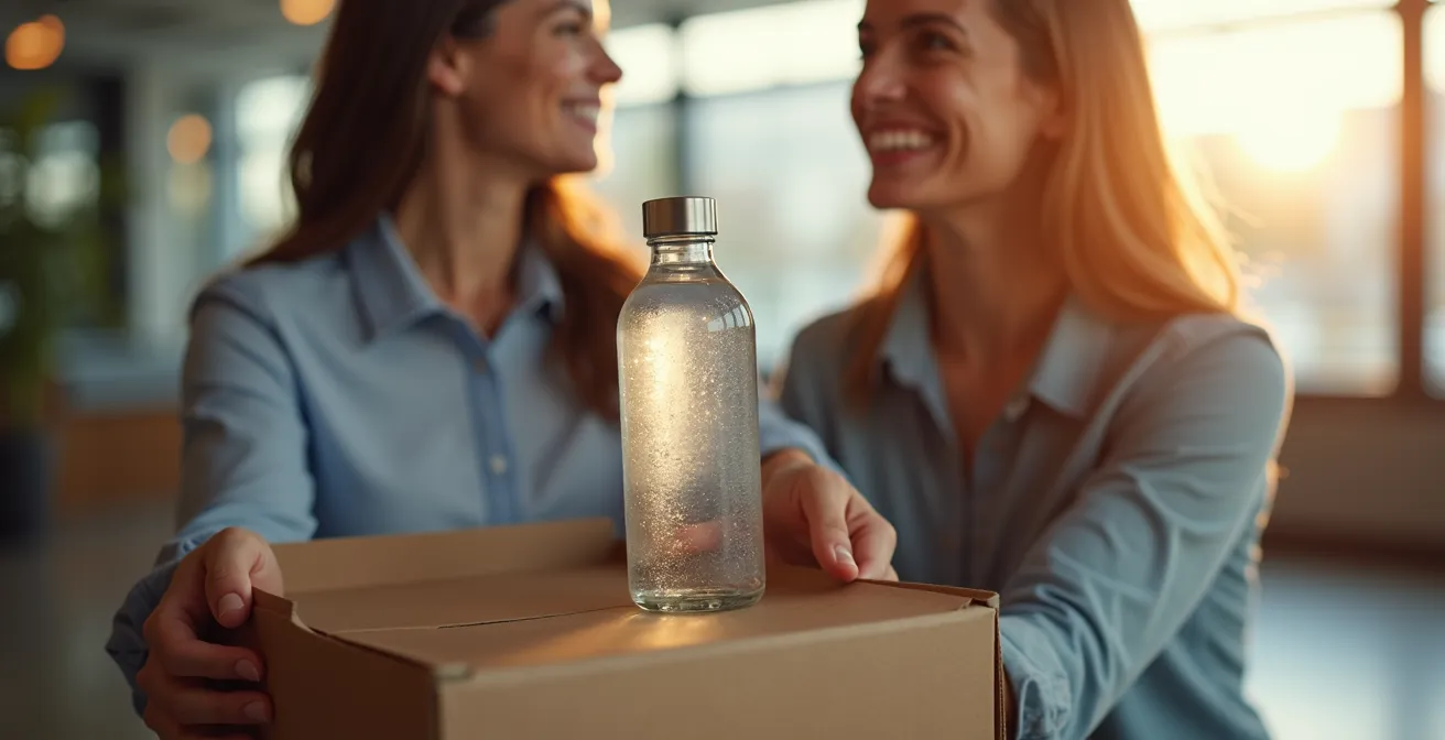 Nouvel employé recevant un welcome pack contenant une gourde personnalisée lors de son premier jour, symbolisant l'accueil et l'appartenance à l'entreprise