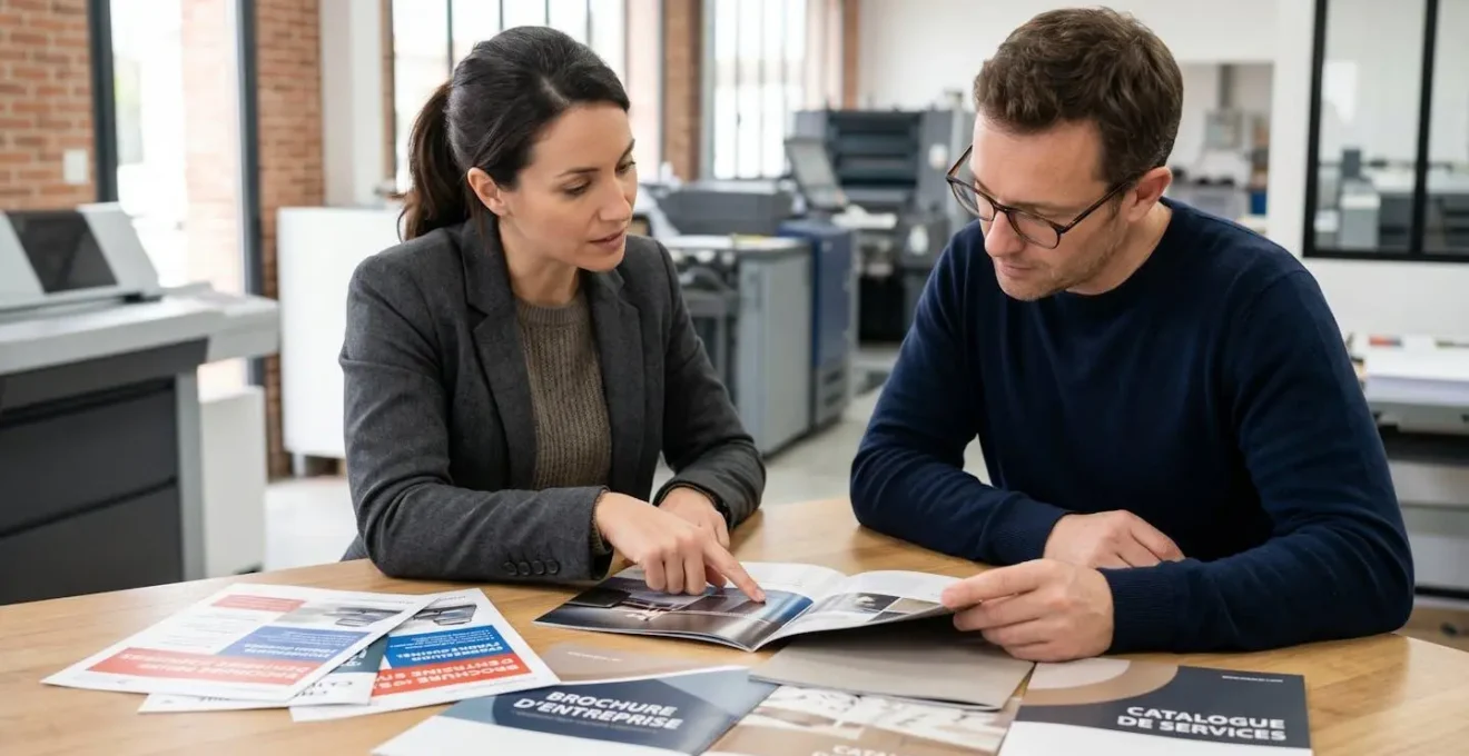 Conseillère en imprimerie présentant différents échantillons imprimés à un client entrepreneur sur une table de travail dans un atelier d'imprimerie moderne