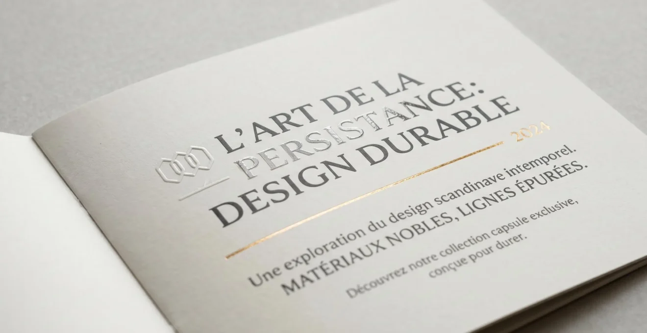 Gros plan sur brochure imprimée haut de gamme présentant pelliculage et vernis sélectif, éclairée par lumière latérale révélant les reliefs et finitions premium