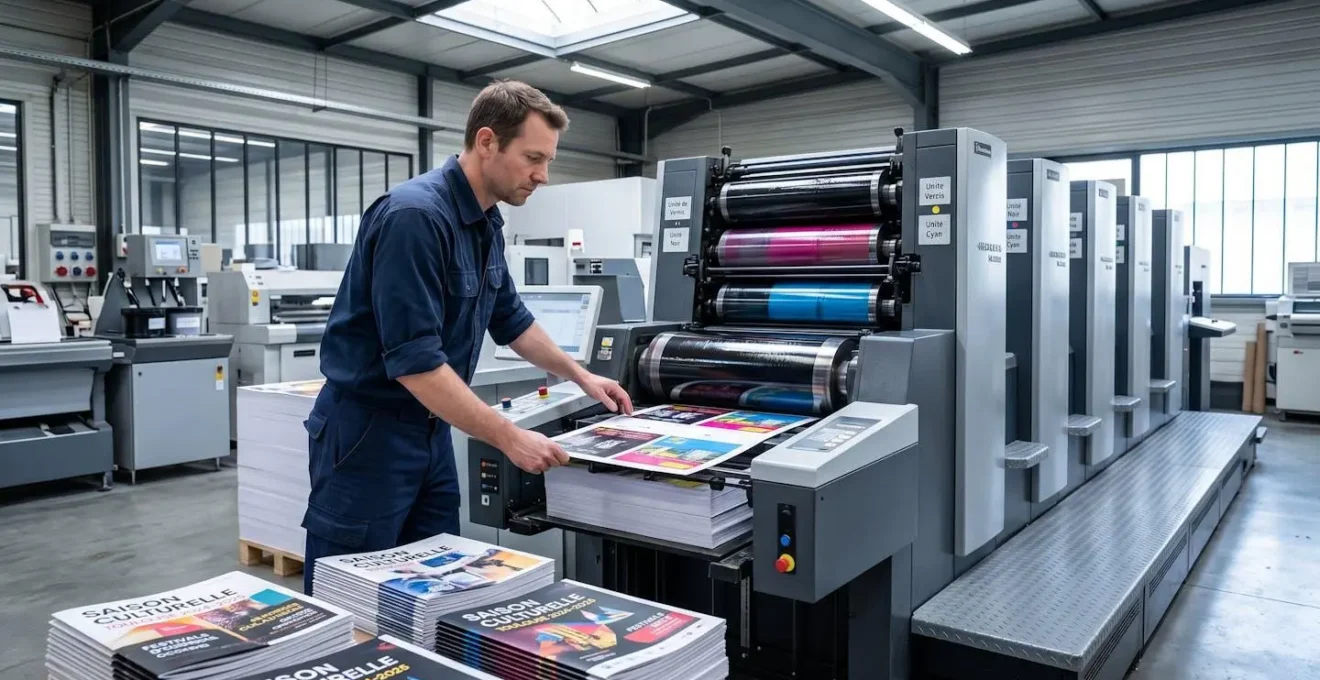 Opérateur contrôlant des feuilles fraîchement imprimées sortant d'une presse offset moderne dans un atelier d'imprimerie professionnel éclairé par lumière naturelle, avec pile de brochures imprimées au premier plan