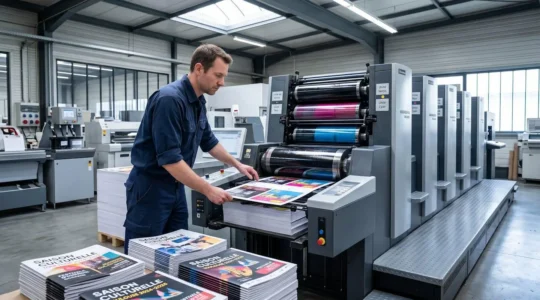 Opérateur contrôlant des feuilles fraîchement imprimées sortant d'une presse offset moderne dans un atelier d'imprimerie professionnel éclairé par lumière naturelle, avec pile de brochures imprimées au premier plan